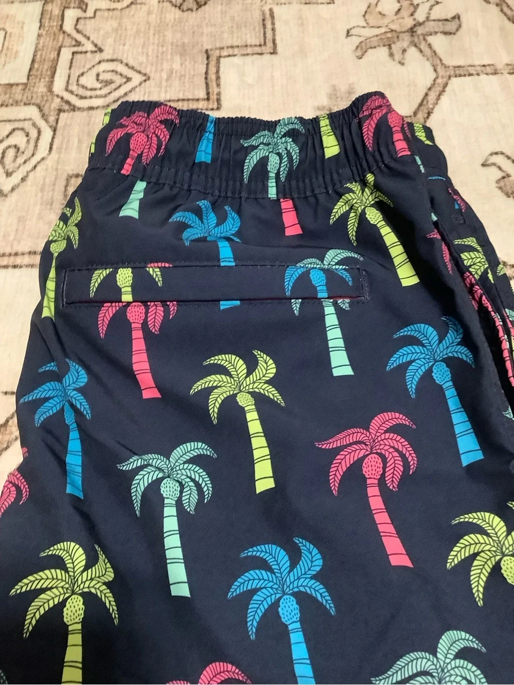 Navy Palm-Print Men's Swim Trunks